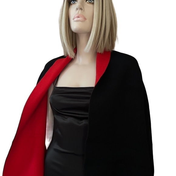 Black and Red Reversible Shawl Sweater Cape Open Poncho Fringe Tassels OS 4-14 - Picture 5 of 14